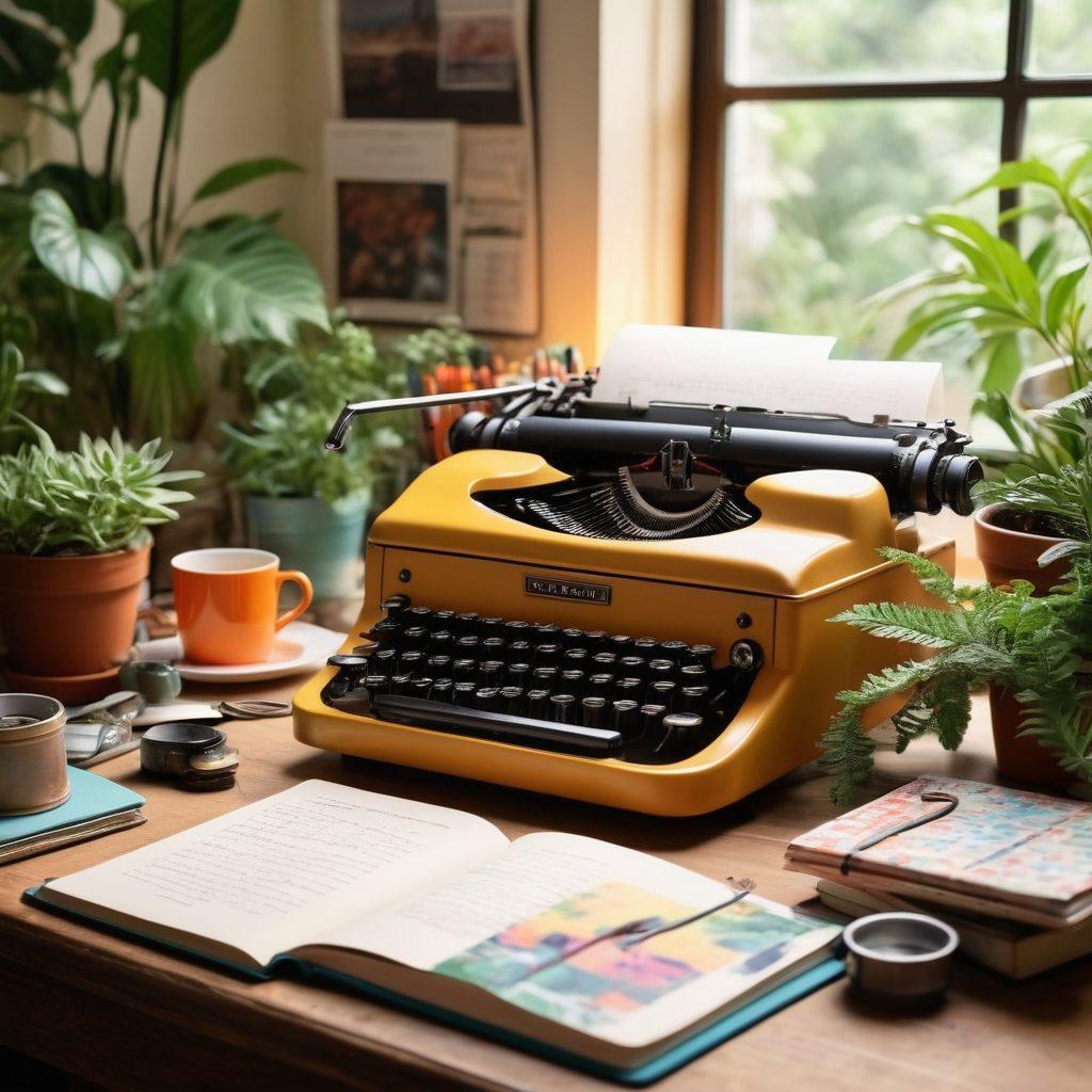 A beautifully designed workspace featuring an antique typewriter, colorful journals, vibrant sketches, and a cup of steaming coffee, surrounded by plants and creative art supplies. The background showcases a glowing computer screen displaying a lively blog interface, symbolizing the transformation of a personal blog into an online journal. Ethereal lighting adds a dreamy atmosphere. super-realistic. vibrant colors. soft focus.