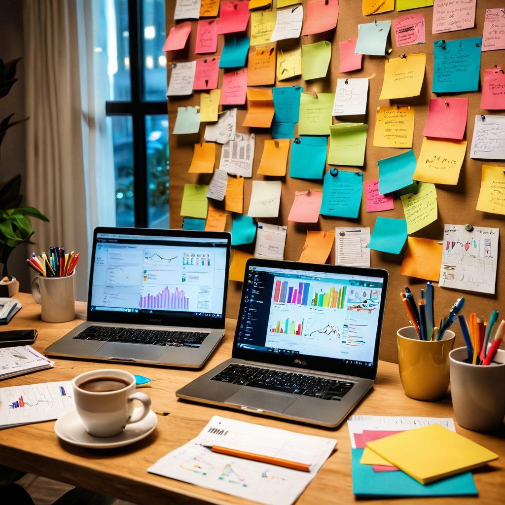 A creative workspace filled with colorful notebooks, a laptop showing graphs and analytics, and a diverse group of people collaborating over content ideas, surrounded by vibrant sticky notes and coffee cups. The atmosphere is dynamic and inviting, showcasing the essence of teamwork and innovation in content creation. super-realistic. vibrant colors. warm lighting.