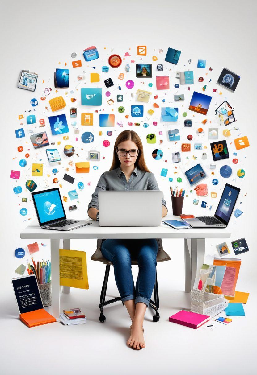 A captivating scene of a person sitting at a modern desk, surrounded by digital devices, creatively crafting stories on a laptop, with floating visual elements like articles, graphs, and social media icons around them, symbolizing the impact of digital storytelling. The background is filled with vibrant colors of creativity and inspiration. super-realistic. vibrant colors. white background.